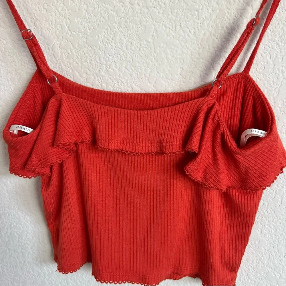 Forever 21 Orange Red Ruffle Neck Ribbed Crop Tank Top - Picture 4 of 9